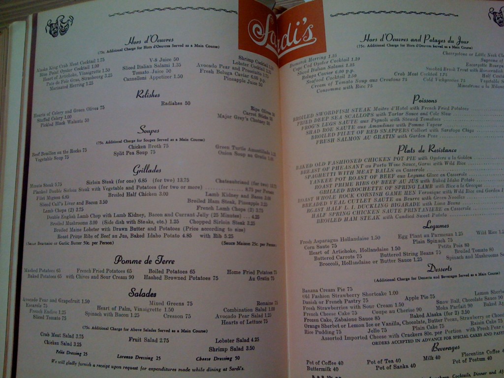 A Treasury Of Recipes - Vincent & Mary Price - Sardi's Menu